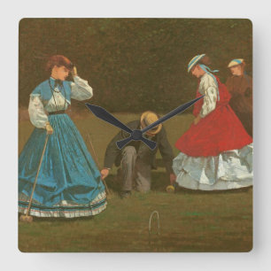 The croquet game, 1866 (oil on canvas) square wall clock