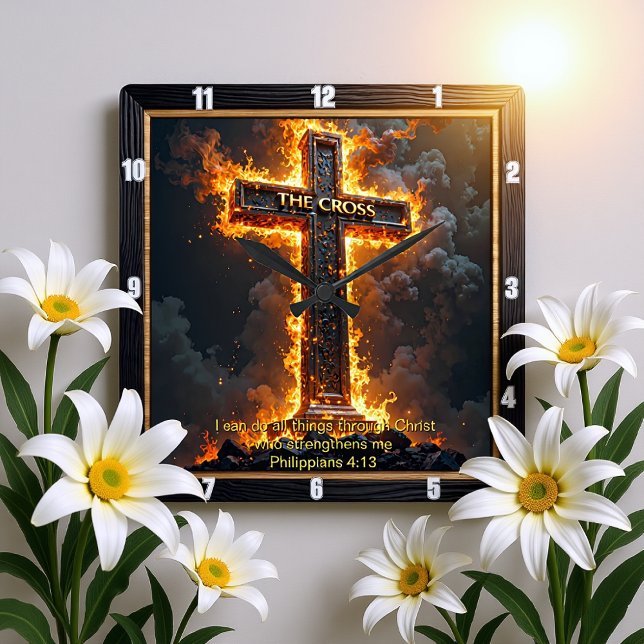 The Cross Medallion Fire Philippians 4:13 Verse Square Wall Clock (Creator Uploaded)