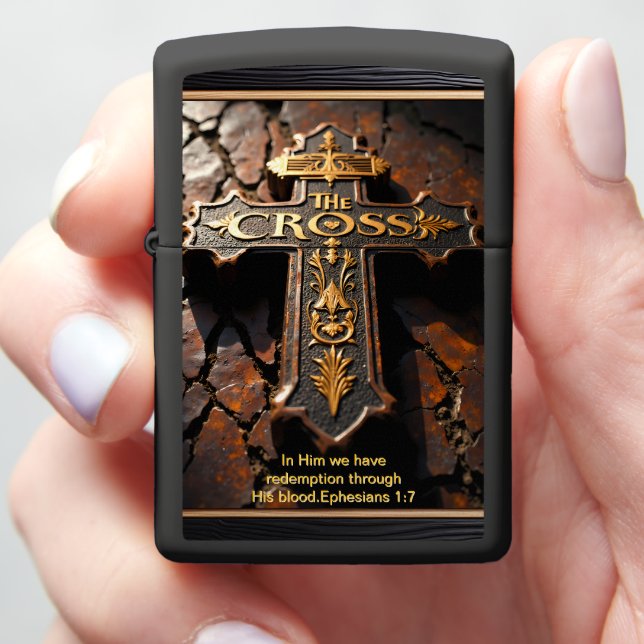 The Cross Redemption Ornate Earth Ephesians 1:7 Zippo Lighter (In Hand)