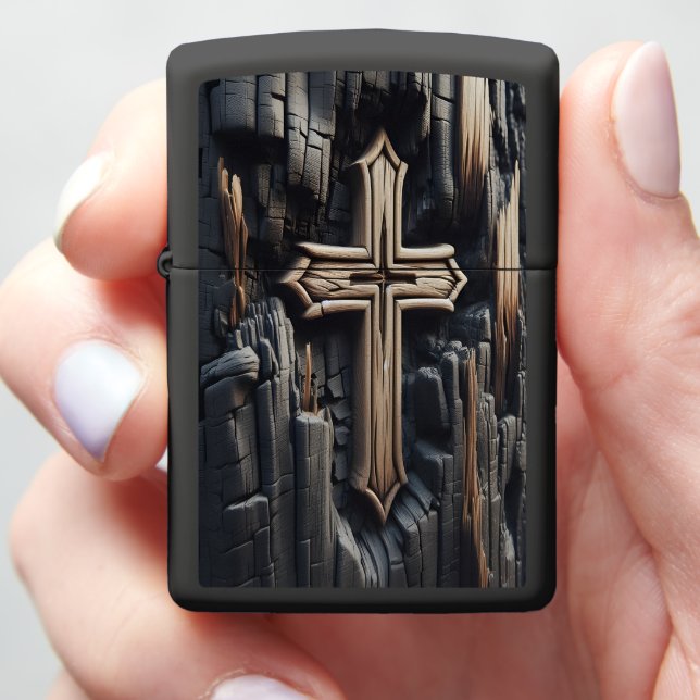 The Cross Remains: Burnt Wood Symbol of Hope Zippo Lighter (In Hand)