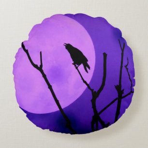 The Crow, The Moon, The Purple Sky Round Pillow