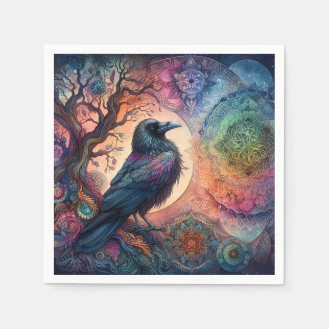 The Crow Tree of Life Mandala Pagan  Napkins (Front)