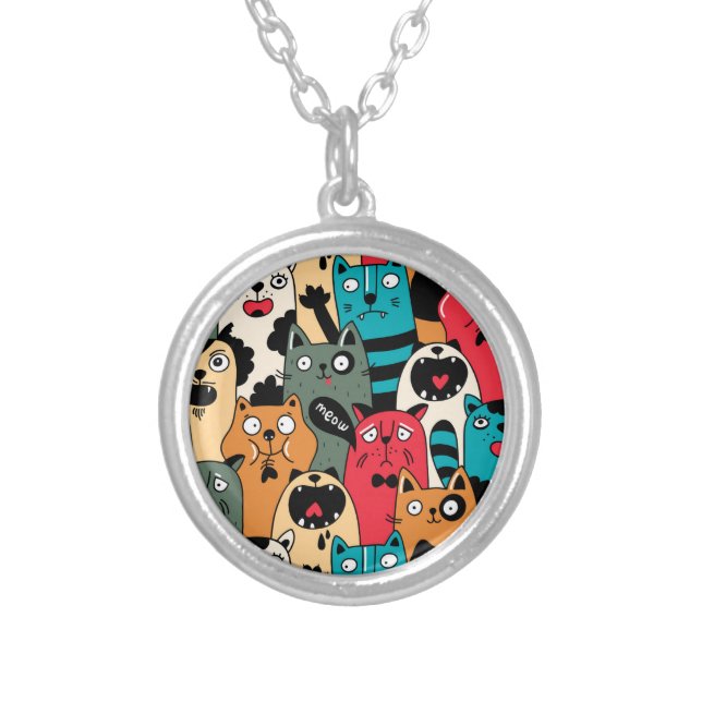 The crowd of cats silver plated necklace (Front)
