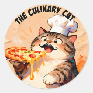The Culinary Cat with Pizza Cat Chef Holding Pizza Classic Round Sticker