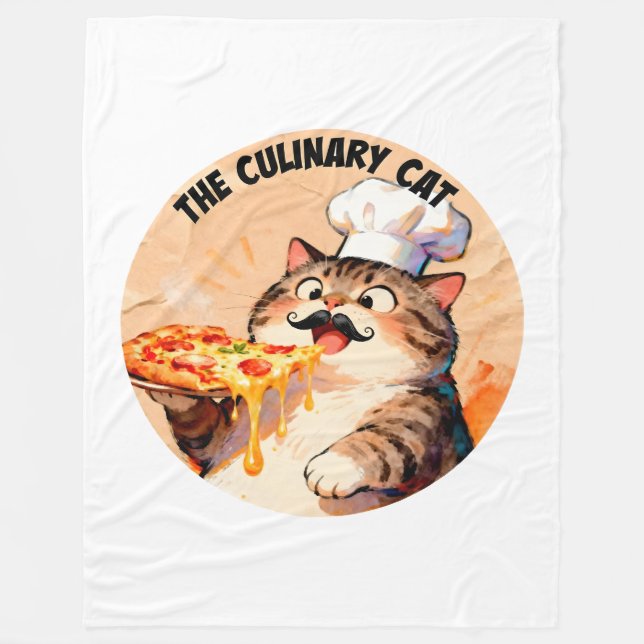 The Culinary Cat with Pizza Cat Chef Holding Pizza Fleece Blanket (Front)
