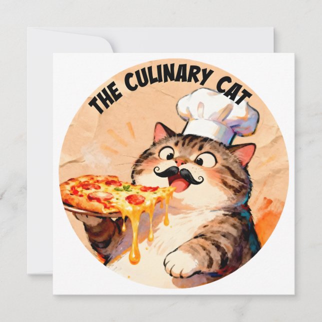 The Culinary Cat with Pizza Cat Chef Holding Pizza Invitation (Front)