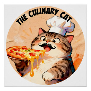 The Culinary Cat with Pizza Cat Chef Holding Pizza Poster