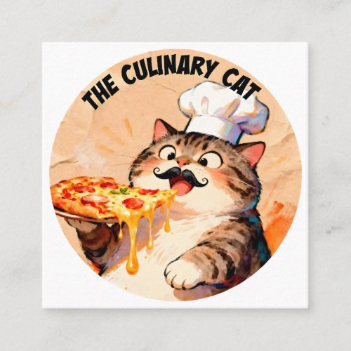 The Culinary Cat with Pizza Cat Chef Holding Pizza Square Business Card