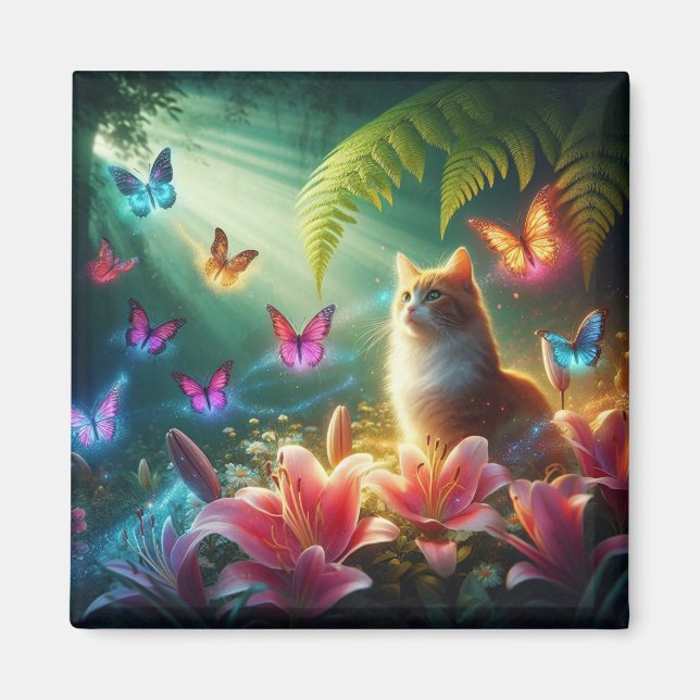 The Curious Cat & Her Butterflies Magnet (Front)