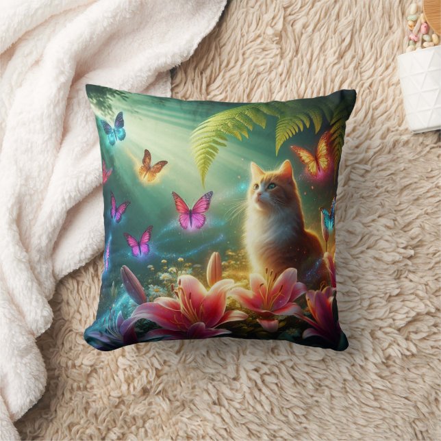 The Curious Cat & Her Butterflies Throw Pillow (Blanket)