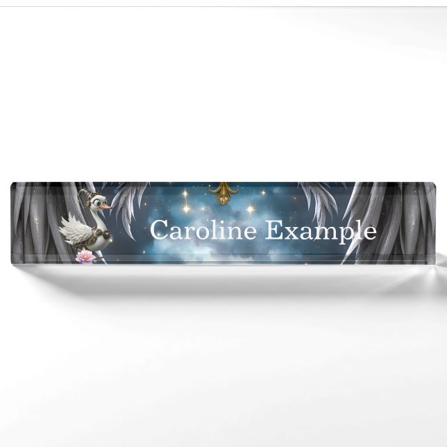 The Curious Clockwork Swan.  Desk Name Plate (Front)