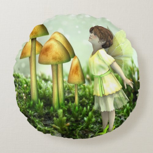 The Curious Fairy _ Vintage Fairy and Toadstools Round Pillow