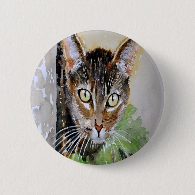 The Curious Tabby Cat Acrylic Painting Pinback Button (Front)