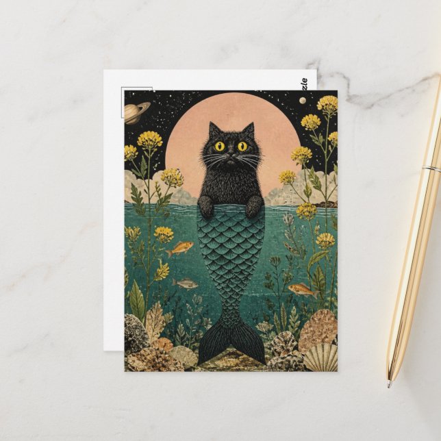The Cute Black Mermaid Kitty Postcard (Front/Back In Situ)