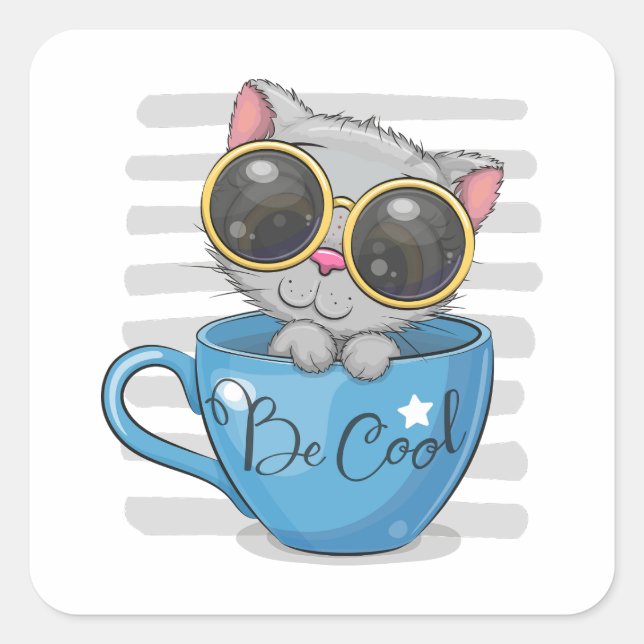 The cute cartoon kitten with glasses square sticker (Front)