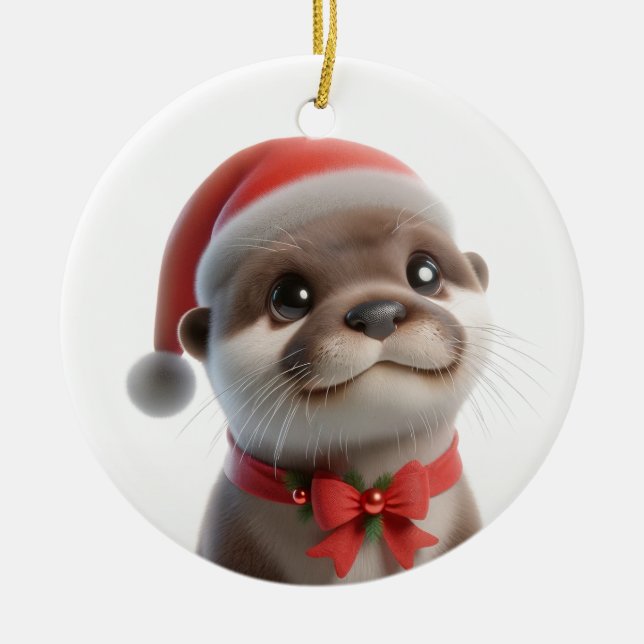 The Cute Christmas Otter  Ceramic Ornament (Front)