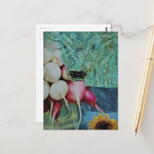 The Cute Cow and the Radishes Collage Postcard (Front/Back In Situ)