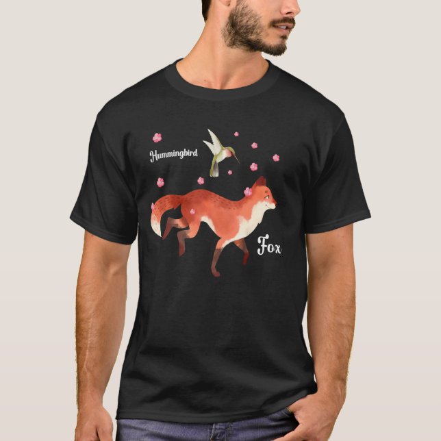 The Cute Fox And Hummingbird Cherry Blossom Flower T-Shirt (Front)