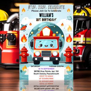 The Cute Hot Fire Truck Engine Safety 1st birthday Invitation