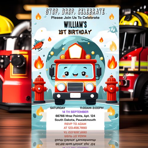 The Cute Hot Fire Truck Engine Safety 1st birthday Invitation