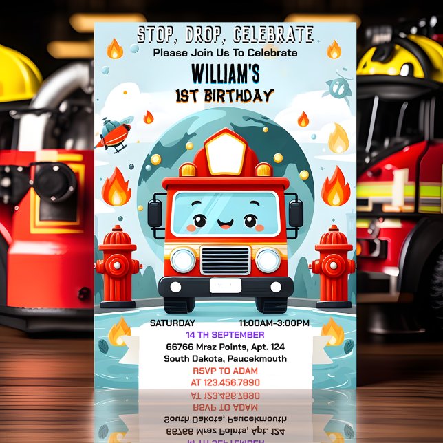 The Cute Hot Fire Truck Engine Safety 1st birthday Invitation (Creator Uploaded)
