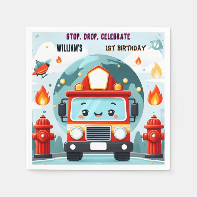The Cute Hot Fire Truck Engine Safety 1st birthday Napkins (Front)