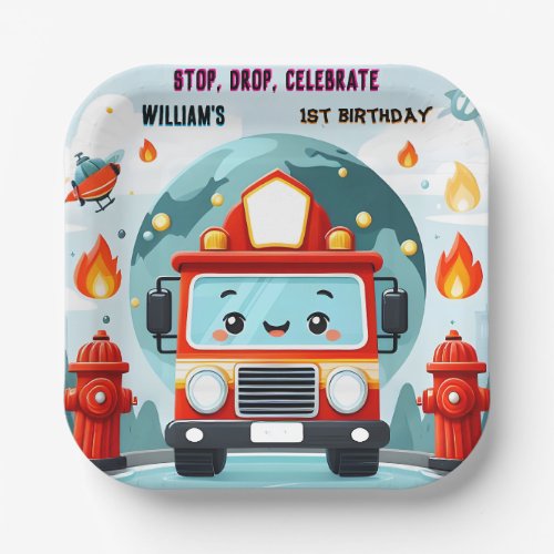 The Cute Hot Fire Truck Engine Safety 1st birthday Paper Plates