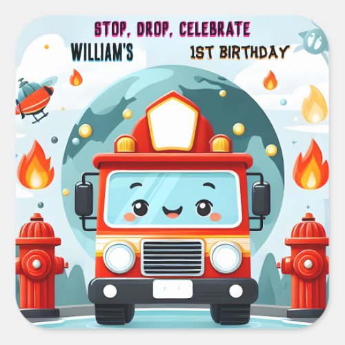 The Cute Hot Fire Truck Engine Safety 1st birthday Square Sticker