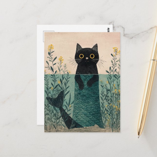 The Cute Mermaid Black Kitty Postcard (Front/Back In Situ)