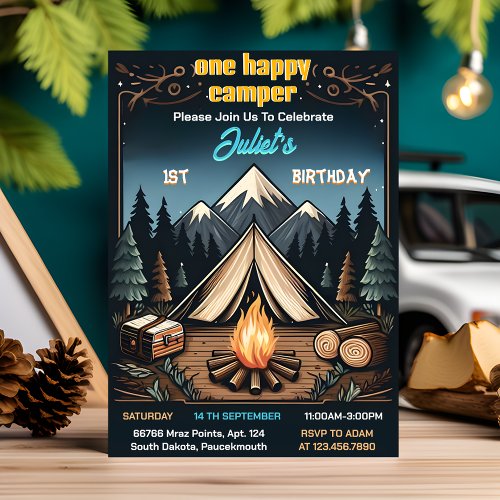 The Cute Nature Boys One Happy Camper 1st Birthday Invitation