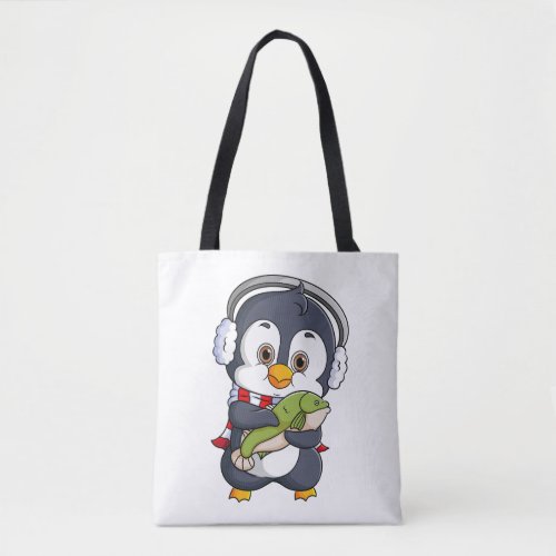 the cute penguin is happy and holding a fish tote bag