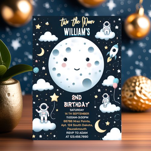 The Cute Space night sky Two The Moon 2nd Birthday Invitation