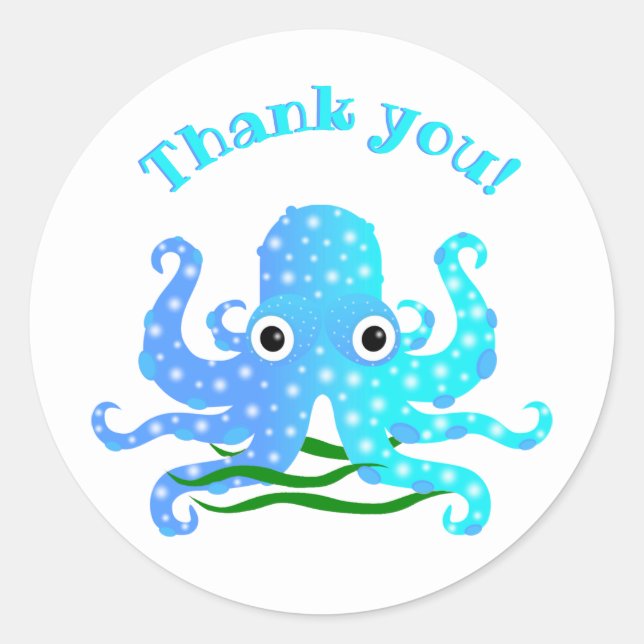 The Cutest Blue Octopus Nautical Theme Thank You Classic Round Sticker (Front)