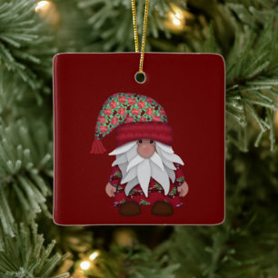 The Cutest Gnome Poinsettia Hat Christmas Ceramic Ornament