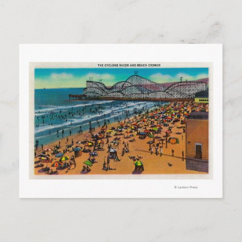The Cyclone Racer and Beach Crowds Long Beach Postcard