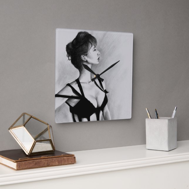 The Dame Woman Portrait Black Dress Drawing Art Square Wall Clock (Office)