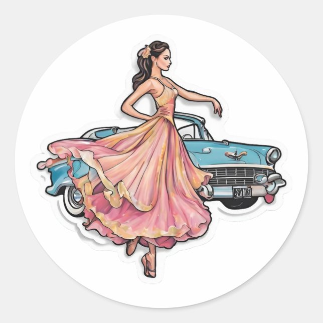 the dancer and her car classic round sticker (Front)