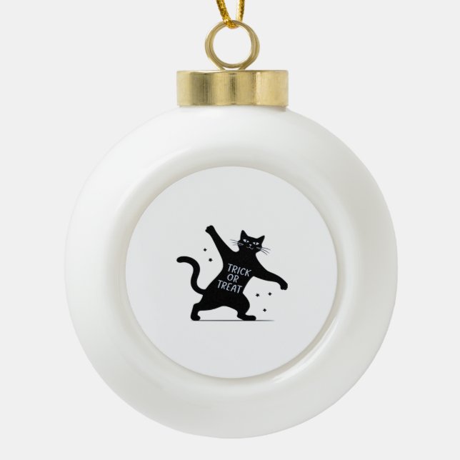 The Dancing Black Cat's Spooktacular Trick-or-Trea Ceramic Ball Christmas Ornament (Front)