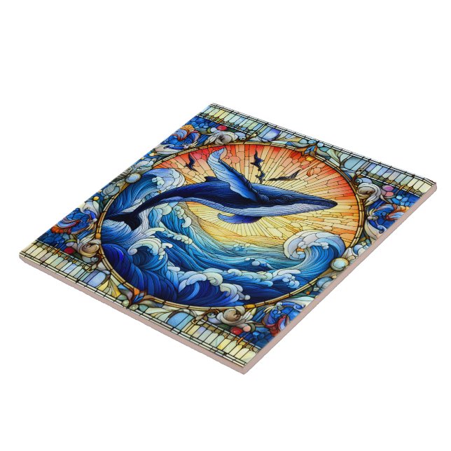 The Dancing Whale A Stained Glass Windows Graceful Ceramic Tile (Side)