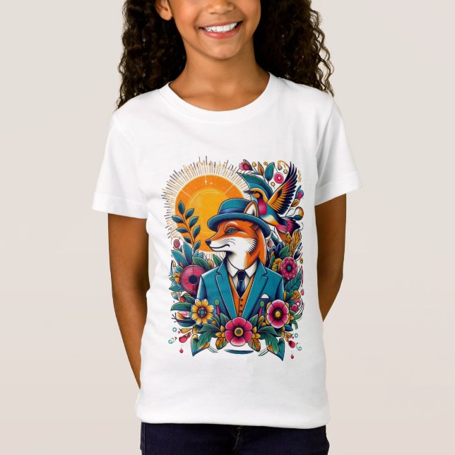 The Dapper Fox and colorful flowers T-Shirt (Front)