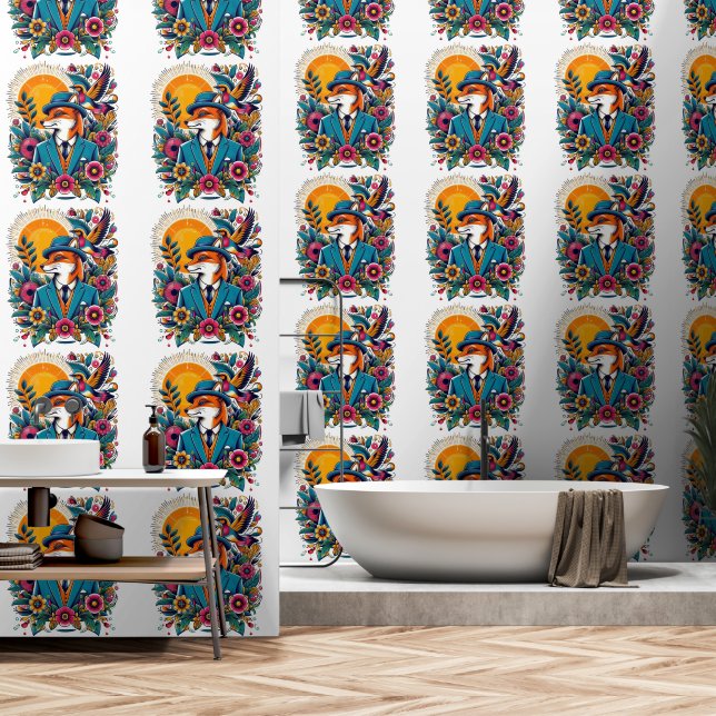 The Dapper Fox and colorful flowers Wallpaper (Bathroom)