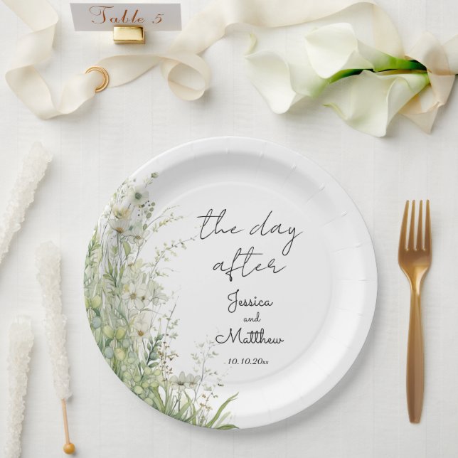 The day after Dusty Sage Green Flowers Wedding Paper Plates (Wedding)