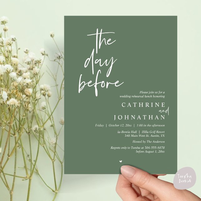 The day before, Wedding Rehearsal Lunch Invitation (The day before, Modern Wedding Rehearsal lunch Invitation Card, PDF, in Forest Sage Green)