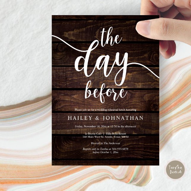 The day before, Wedding Rehearsal Lunch or Brunch Invitation (The day before, Wedding Rehearsal Lunch or Brunch Invitation Card, PDF, Brown Wood Background)