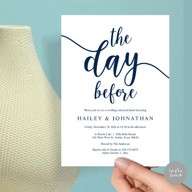 The day before, Wedding Rehearsal Lunch or Brunch Invitation (The day before, Wedding Rehearsal Lunch or Brunch Invitation Card, PDF, Navy Blue)