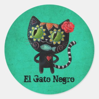 The Day Of The Dead Black Cat Classic Round Sticker by partymonster at Zazzle
