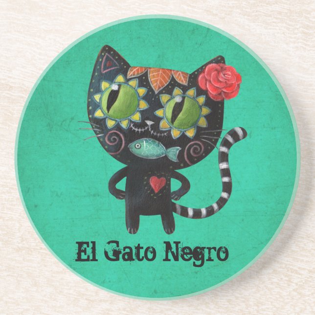 The Day of The Dead Black Cat Drink Coaster (Front)