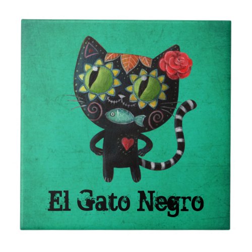 The Day of The Dead Black Cat Tile