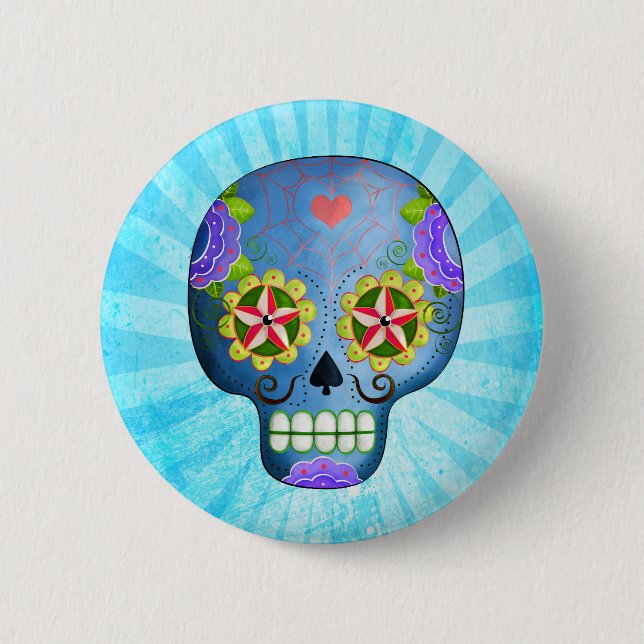 The Day of The Dead Blue Sugar Skull Pinback Button (Front)