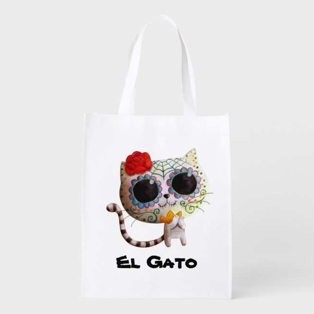 The Day of The Dead Cute Cat Reusable Grocery Bag (Back)